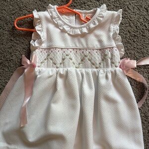 Cecil and Lou White Honeycomb Smocked Rosette Bow Dress